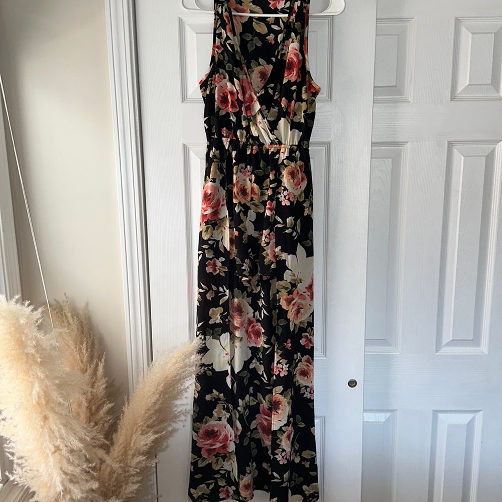 Long floral Dress/Shorts combo romper. Flowy, longer back, stretchy waist